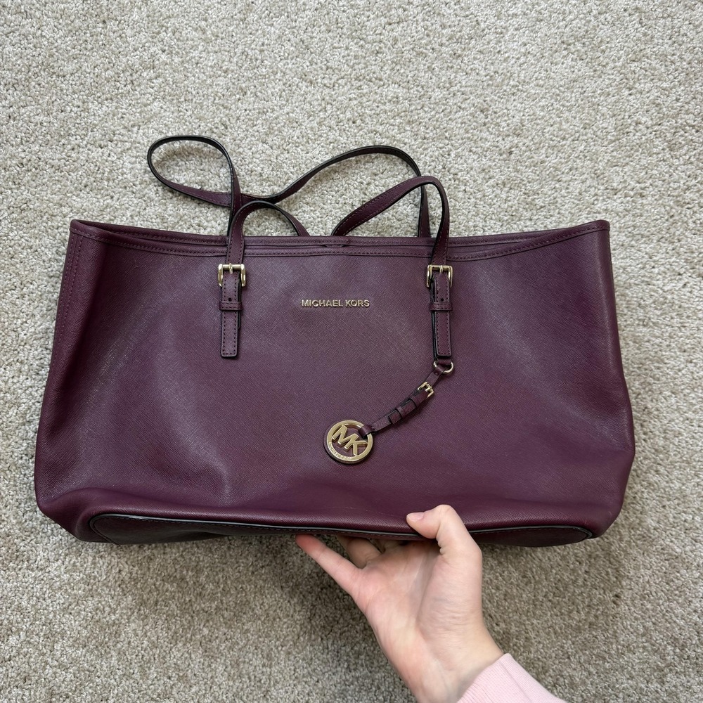 Michael Kors Tote Bag Womens Large Burgundy Leather Shoulder Purse MK Charm